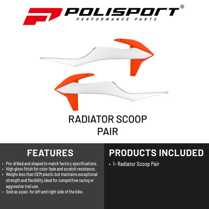 Polisport Radiator Scoops - White/Orange Panels for KTM XC 125 (2021-2022) KTM SX/SX-F/XC/XC-F (2019-2022) KTM EXC/EXC-F/XC-W/XCF-W (2020-2023) - OEM Fit, Glossy Finish, Lightweight & Impact-Resistant