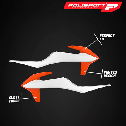 Polisport Radiator Scoops - White/Orange Panels for KTM XC 125 (2021-2022) KTM SX/SX-F/XC/XC-F (2019-2022) KTM EXC/EXC-F/XC-W/XCF-W (2020-2023) - OEM Fit, Glossy Finish, Lightweight & Impact-Resistant
