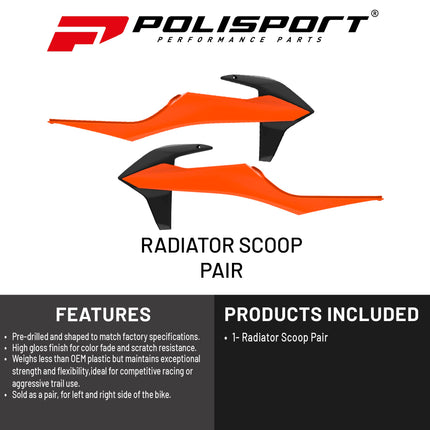 Polisport Radiator Scoops - Orange/Black Panels for KTM XC 125 (2021-2022) KTM SX/SX-F/XC/XC-F (2019-2022) KTM EXC/EXC-F/XC-W/XCF-W (2020-2023) - OEM Fit, Glossy Finish, Lightweight & Impact-Resistant