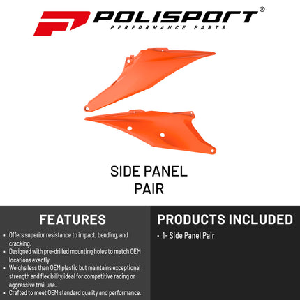 Polisport Motocross (MX) Replica Plastics Side Panels for KTM EXC/EXC-F/XC-W/XCF-W (2020-23), SX/SX-F/XC/XC-F (2019-22) Dirt Bike - OEM Quality, Durable, Flexible & Perfect Fit - Orange