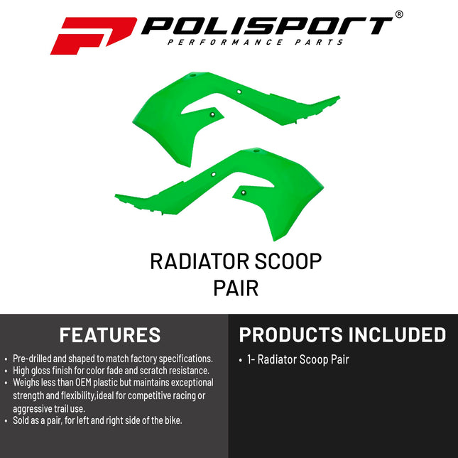 Polisport Radiator Scoops - Green Panels for Kawasaki KX-F 450 (2019-2023) Kawasaki KX 250F (2021-2024) - OEM Fit, Glossy Finish, Lightweight & Impact-Resistant, Easy Installation