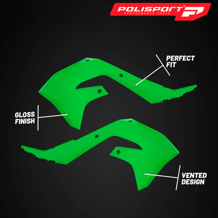 Polisport Radiator Scoops - Green Panels for Kawasaki KX-F 450 (2019-2023) Kawasaki KX 250F (2021-2024) - OEM Fit, Glossy Finish, Lightweight & Impact-Resistant, Easy Installation