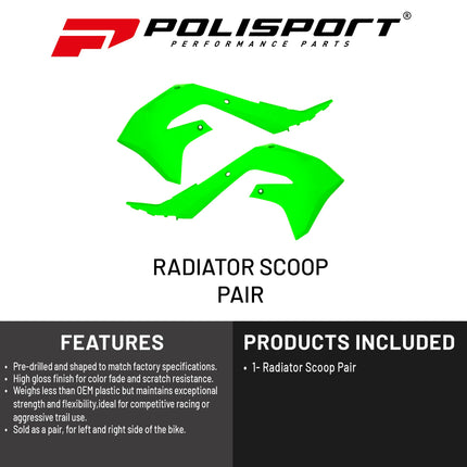 Polisport Radiator Scoops - Green Panels for Kawasaki KX 450 (2019-2023) Kawasaki KX 250 (2021-2024) - OEM Fit, Glossy Finish, Lightweight & Impact-Resistant, Easy Installation