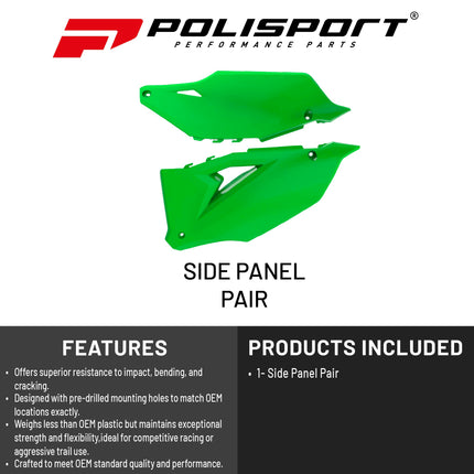 Polisport Motocross (MX) Replica Plastics Side Panels for Kawasaki KX 450F (2019-23) Dirt Bike - OEM Quality, Durable, Flexible & Perfect Fit - Green