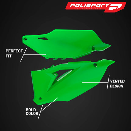 Polisport Motocross (MX) Replica Plastics Side Panels for Kawasaki KX 450F (2019-23) Dirt Bike - OEM Quality, Durable, Flexible & Perfect Fit - Green