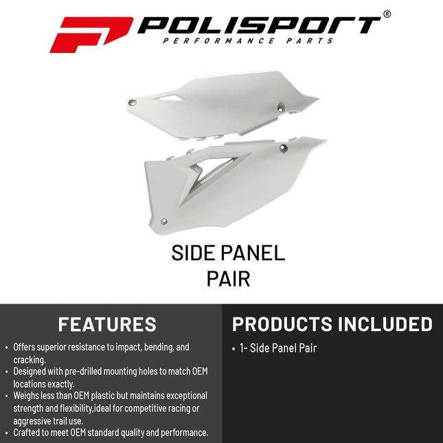 Polisport Motocross (MX) Replica Plastics Side Panels for Kawasaki KX 250F (2021-24), KX 450F (2019-23) Dirt Bike - OEM Quality, Durable, Flexible & Perfect Fit - White