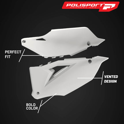 Polisport Motocross (MX) Replica Plastics Side Panels for Kawasaki KX 250F (2021-24), KX 450F (2019-23) Dirt Bike - OEM Quality, Durable, Flexible & Perfect Fit - White