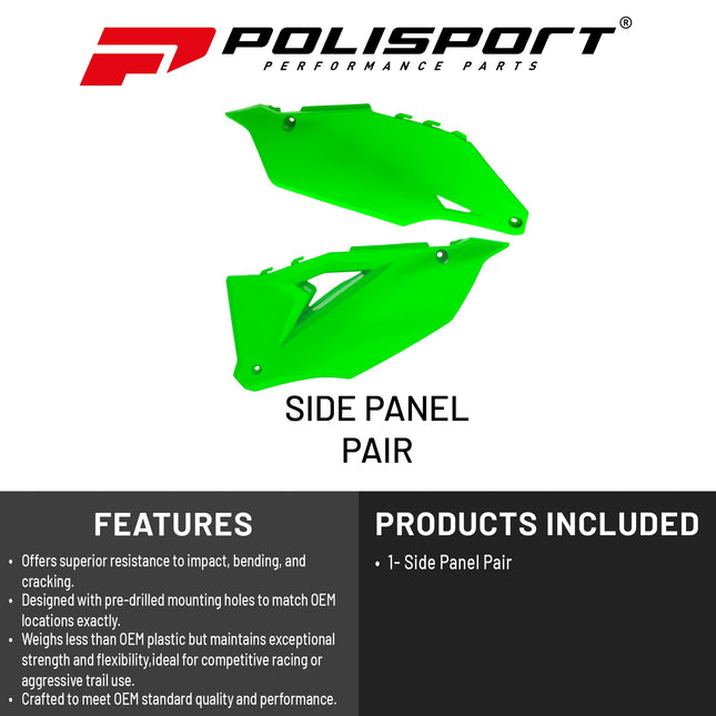 Polisport Motocross (MX) Replica Plastics Side Panels for Kawasaki KX 250/250X (2020-24), KX 450/450x (2020-24) Dirt Bike - OEM Quality, Durable, Flexible & Perfect Fit - Green