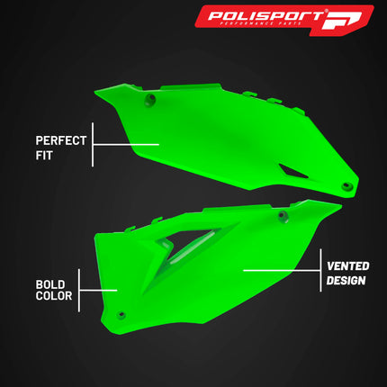 Polisport Motocross (MX) Replica Plastics Side Panels for Kawasaki KX 250/250X (2020-24), KX 450/450x (2020-24) Dirt Bike - OEM Quality, Durable, Flexible & Perfect Fit - Green