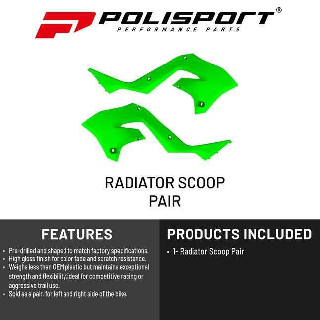 Polisport Radiator Scoops - Green Panels for Kawasaki KX125/250 (2005-2008) - OEM Fit, Glossy Finish, Lightweight & Impact-Resistant, Easy Installation