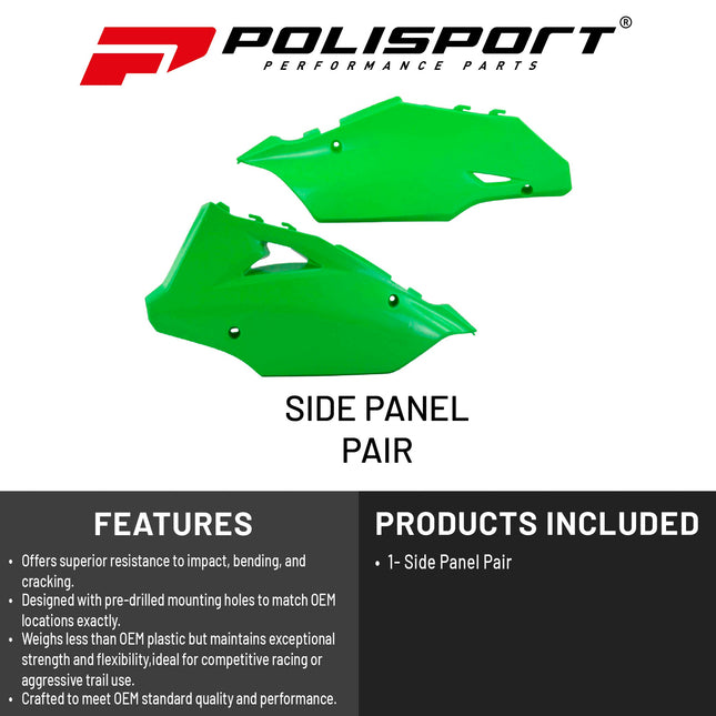 Polisport Motocross (MX) Replica Plastics Side Panels for Kawasaki KX125 (2003-05), KX 250 (2003-07) Dirt Bike - OEM Quality, Durable, Flexible & Perfect Fit - Green