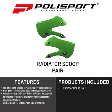 Polisport Radiator Scoops - Green Panels for Kawasaki KX 65 (2000-2024) Kawasaki KLX 110 (2002-2009) - OEM Fit, Glossy Finish, Lightweight & Impact-Resistant, Easy Installation