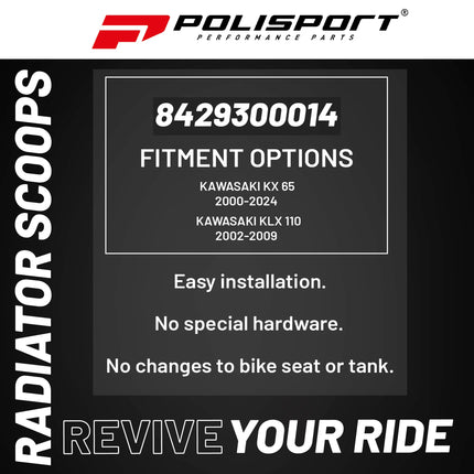Polisport Radiator Scoops - Green Panels for Kawasaki KX 65 (2000-2024) Kawasaki KLX 110 (2002-2009) - OEM Fit, Glossy Finish, Lightweight & Impact-Resistant, Easy Installation