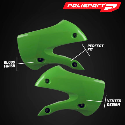 Polisport Radiator Scoops - Green Panels for Kawasaki KX 65 (2000-2024) Kawasaki KLX 110 (2002-2009) - OEM Fit, Glossy Finish, Lightweight & Impact-Resistant, Easy Installation