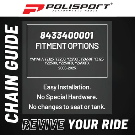 Polisport Motocross Motorcycles (MX) Chain Guide for Yamaha YZ125, YZ250, YZ250F, YZ450F, YZ125, YZ250X, YZ250FX, YZ450FX (2008-25)  Dirt Bikes - OEM Quality TPU Chain Guide, Durable - Black