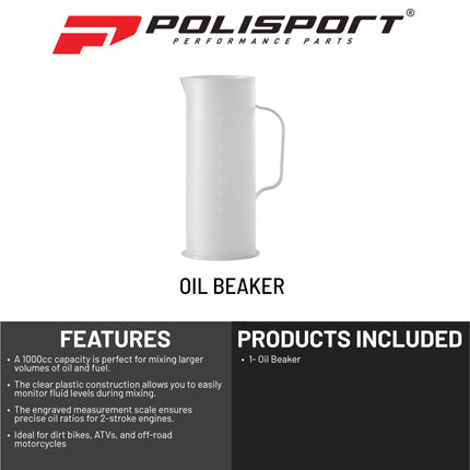 Polisport Oil Beaker - 1000cc Clear Mixing Container for Motorcycle Maintenance - Durable Plastic with Engraved Scale for Precise Oil Ratios