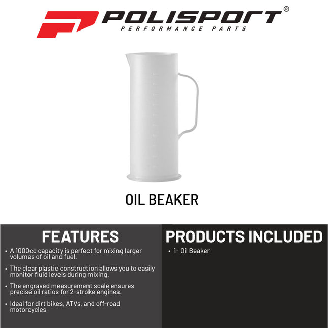 Polisport Oil Beaker - 1000cc Clear Mixing Container for Motorcycle Maintenance - Durable Plastic with Engraved Scale for Precise Oil Ratios