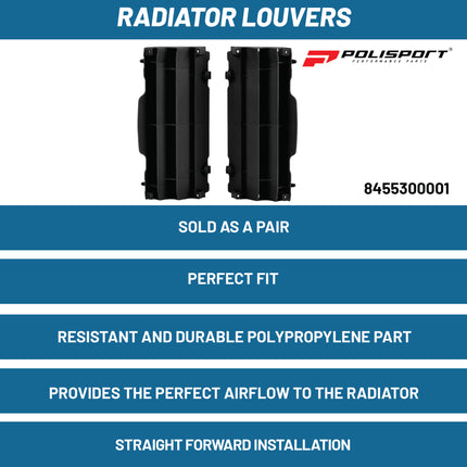 Polisport Radiator Louvers - Black Panels for KTM 125/150/250/300/350/450 SX/SX-F/XC/XC-F/EXC (2007-2016) Husqvarna (2014-2016) - OEM Fit, Durable Plastic, Enhanced Airflow, Easy Installation