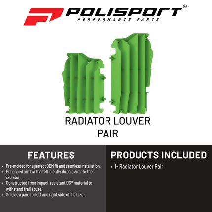 Polisport Radiator Louvers - Green Panels for Kawasaki KX 450F (2016-2023) - OEM Fit, Durable Plastic, Enhanced Airflow, Easy Installation