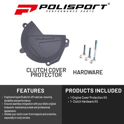 Polisport Clutch Cover Protector Kit (Grey) - Compatible with KTM EXC-F/XCF-W 250/350(2017-2023) SX-F/XC-F 250/350 (2016-2022) & Husquvarna FE 250/350(2017-2018) FC 250/350 (2016-2022)
