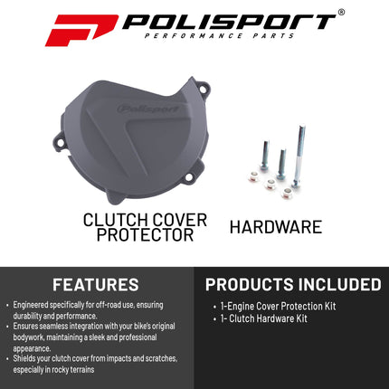 Polisport Clutch Cover Protector Kit (Grey) - Compatible with KTM EXC-F/XCF-W 450/500 (2017-2023) XC-F/SX-F 450 (2016-2022) & Husqvarna FC450 FS450 FX450 FE 450/501 (2016-2022)