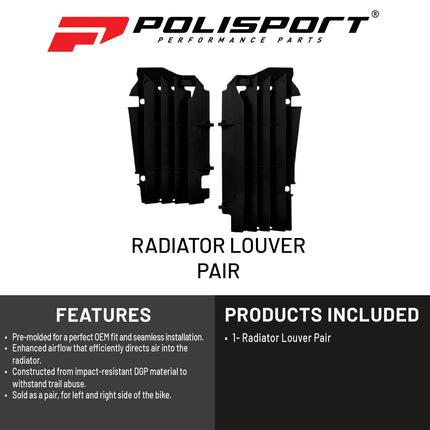 Polisport Radiator Louvers - Black Panels for Kawasaki KX 250F (2017-2020) - OEM Fit, Durable Plastic, Enhanced Airflow, Easy Installation