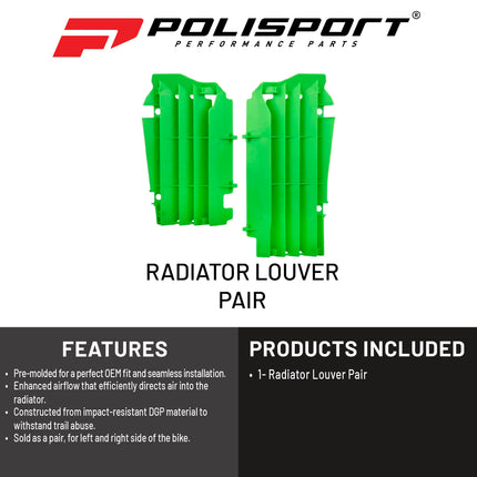 Polisport Radiator Louvers - Green Panels for Kawasaki KX 250F (2017-2020) - OEM Fit, Durable Plastic, Enhanced Airflow, Easy Installation
