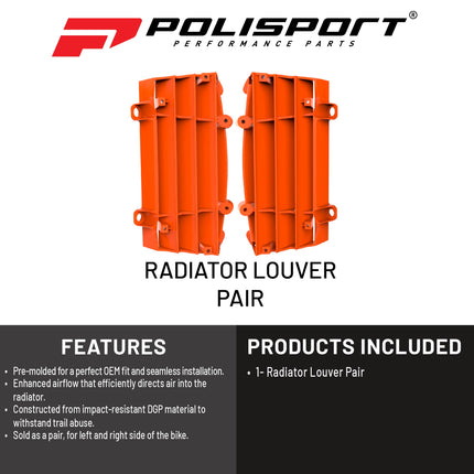 Polisport Radiator Louvers Orange Panels for KTM 125SX (2007-10) 150 SX (2009-10) 250SX/SX-F/XC/XC-F (2007-10) 300XC (2007-10) 450SX-F/XC-F (2007-10) 530EXC (2008-11) Durable Plastic, Enhanced Airflow