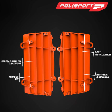 Polisport Radiator Louvers Orange Panels for KTM 125SX (2007-10) 150 SX (2009-10) 250SX/SX-F/XC/XC-F (2007-10) 300XC (2007-10) 450SX-F/XC-F (2007-10) 530EXC (2008-11) Durable Plastic, Enhanced Airflow