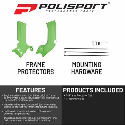 Polisport Motocross (MX) Motorcycle Frame Protector for Kawasaki KX 250F (2021-24) Dirt Bikes- OEM Quality for Superior Fit & Durable Protection, Easy Installation - Green
