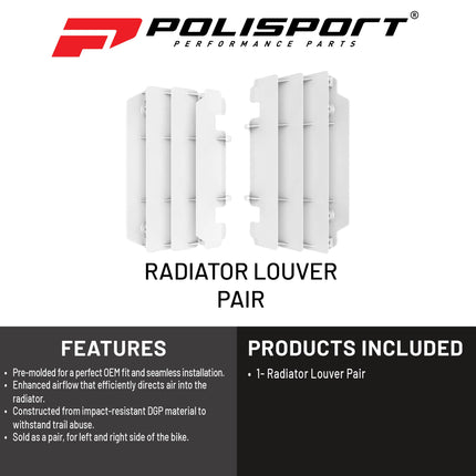 Polisport Radiator Louvers - White Panels for Kawaski KX250 (1997-2004) KX125 (1997-2005) - OEM Fit, Durable Plastic, Enhanced Airflow, Easy Installation