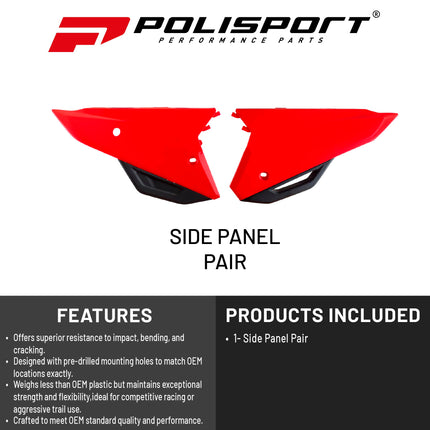 Polisport Motocross (MX) Replica Plastics Side Panels for Honda CRF250R/CRF250RX (2022-24), CRF 450R/RX (2021-24) Dirt Bike - OEM Quality, Durable, Flexible & Perfect Fit - Red/Black
