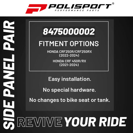Polisport Motocross (MX) Replica Plastics Side Panels for Honda CRF250R/CRF250RX (2022-24), CRF 450R/RX (2021-24) Dirt Bike - OEM Quality, Durable, Flexible & Perfect Fit - White/Black