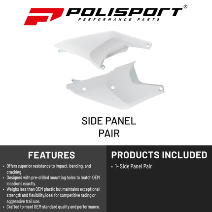 Polisport Motocross (MX) Replica Plastics Side Panels for Husqvarna FC/FE/FX/TC/TE/TX (2023-24) Dirt Bike - OEM Quality, Durable, Flexible & Perfect Fit - White