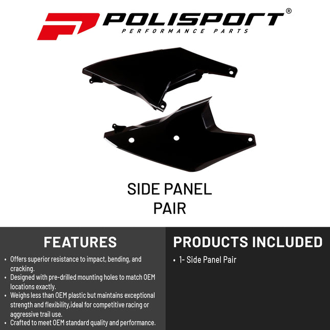 Polisport Motocross (MX) Replica Plastics Side Panels for Husqvarna FC/FE/FX/TC/TE/TX (2023-24) Dirt Bike - OEM Quality, Durable, Flexible & Perfect Fit - Black