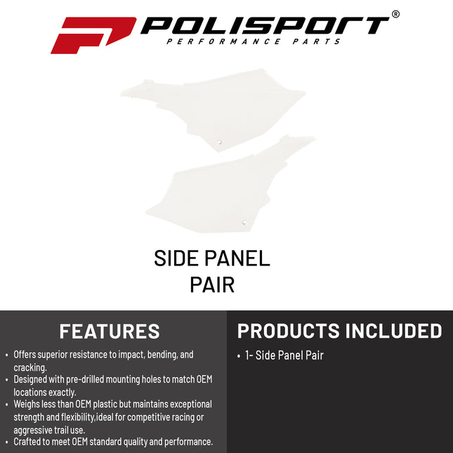 Polisport Motocross (MX) Replica Plastics Side Panels for Yamaha YZ 125/250 (2022-26), 125X/250X (2024-26) Dirt Bike - OEM Quality, Durable, Flexible & Perfect Fit - White