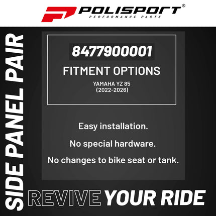 Polisport Motocross (MX) Replica Plastics Side Panels for Yamaha YZ 85 (2022-26) Dirt Bike - OEM Quality, Durable, Flexible & Perfect Fit - Blue/Black