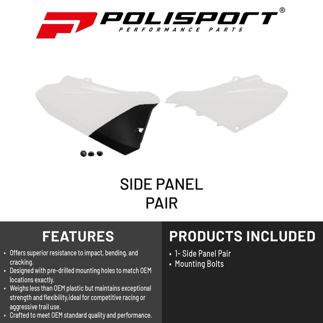 Polisport Motocross (MX) Replica Plastics Side Panels for Yamaha YZ 85 (2022-26) Dirt Bike - OEM Quality, Durable, Flexible & Perfect Fit - White/Black