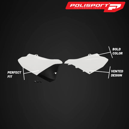 Polisport Motocross (MX) Replica Plastics Side Panels for Yamaha YZ 85 (2022-26) Dirt Bike - OEM Quality, Durable, Flexible & Perfect Fit - White/Black
