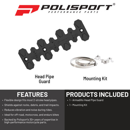 Polisport Armadillo Head Pipe Guard - Black, 22cm/8.6in, Heat-Resistant Silicone & Stainless Steel, Adaptable to Various Dirtbike Models, Flexible Design, Off-Road Protection