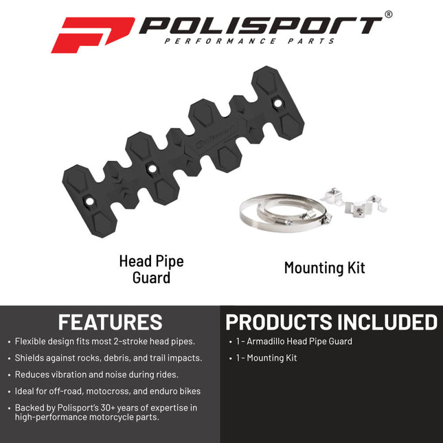 Polisport Armadillo Head Pipe Guard - Black, 22cm/8.6in, Heat-Resistant Silicone & Stainless Steel, Adaptable to Various Dirtbike Models, Flexible Design, Off-Road Protection