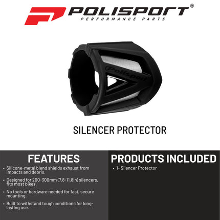 Polisport Silencer Protector (200-300mm/7.8-11.8in) - Durable Silicone-Metal Motorcycle Exhaust Guard, Easy Install, Universal Fit (Black)