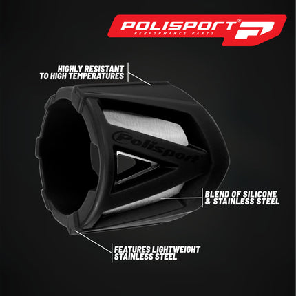 Polisport Silencer Protector (200-300mm/7.8-11.8in) - Durable Silicone-Metal Motorcycle Exhaust Guard, Easy Install, Universal Fit (Black)