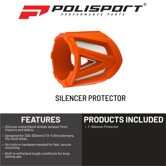 Polisport Silencer Protector (200-300mm/7.8-11.8in) - Durable Silicone-Metal Motorcycle Exhaust Guard, Easy Install, Universal Fit (Orange)