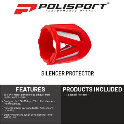 Polisport Silencer Protector (200-300mm/7.8-11.8in) - Durable Silicone-Metal Motorcycle Exhaust Guard, Easy Install, Universal Fit (Red)