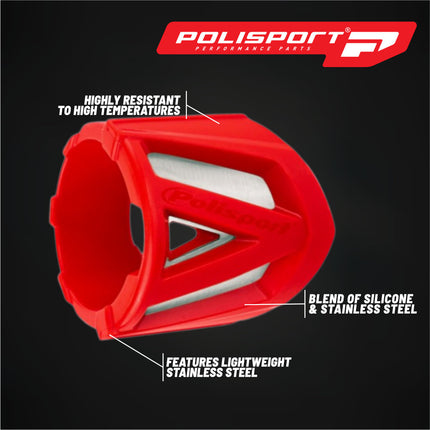 Polisport Silencer Protector (200-300mm/7.8-11.8in) - Durable Silicone-Metal Motorcycle Exhaust Guard, Easy Install, Universal Fit (Red)