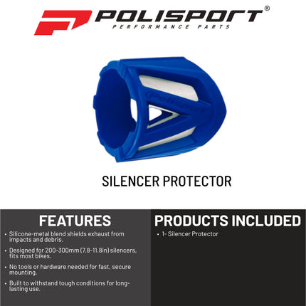 Polisport Silencer Protector (200-300mm/7.8-11.8in) - Durable Silicone-Metal Motorcycle Exhaust Guard, Easy Install, Universal Fit (Blue)