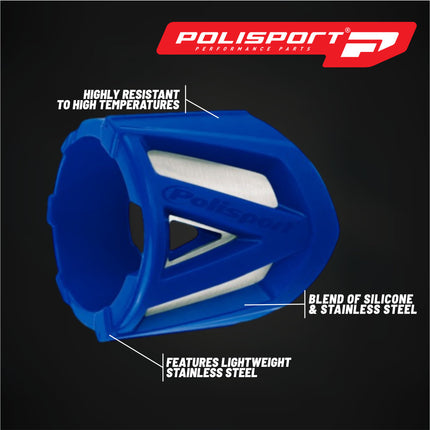 Polisport Silencer Protector (200-300mm/7.8-11.8in) - Durable Silicone-Metal Motorcycle Exhaust Guard, Easy Install, Universal Fit (Blue)