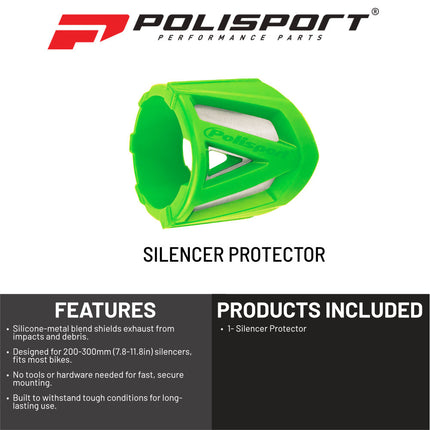 Polisport Silencer Protector (200-300mm/7.8-11.8in) - Durable Silicone-Metal Motorcycle Exhaust Guard, Easy Install, Universal Fit (Green)