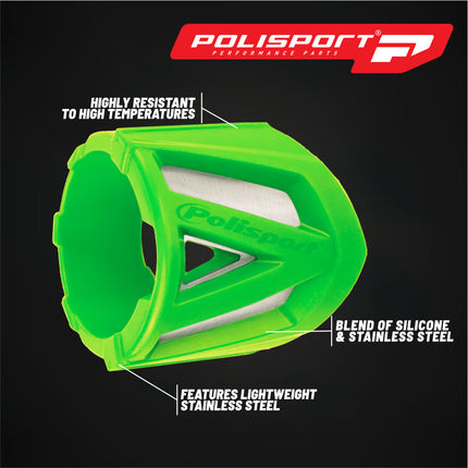 Polisport Silencer Protector (200-300mm/7.8-11.8in) - Durable Silicone-Metal Motorcycle Exhaust Guard, Easy Install, Universal Fit (Green)